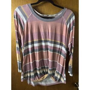 Joei & I Womens Large Striped Twist Front Raglan Long Sleeve  Pink Grey Yellow
